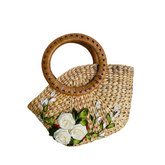 Convex Water Hyacinth Bag With Rattan Handle 2